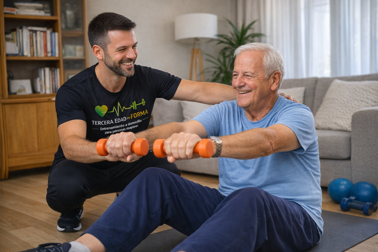 Entrenador personal especializado en tercera edad realizando sesión en domicilio en Madrid centro